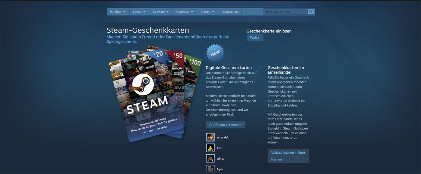 Steam bietet ab sofort digitale Guthabenkarten an ProSieben Games